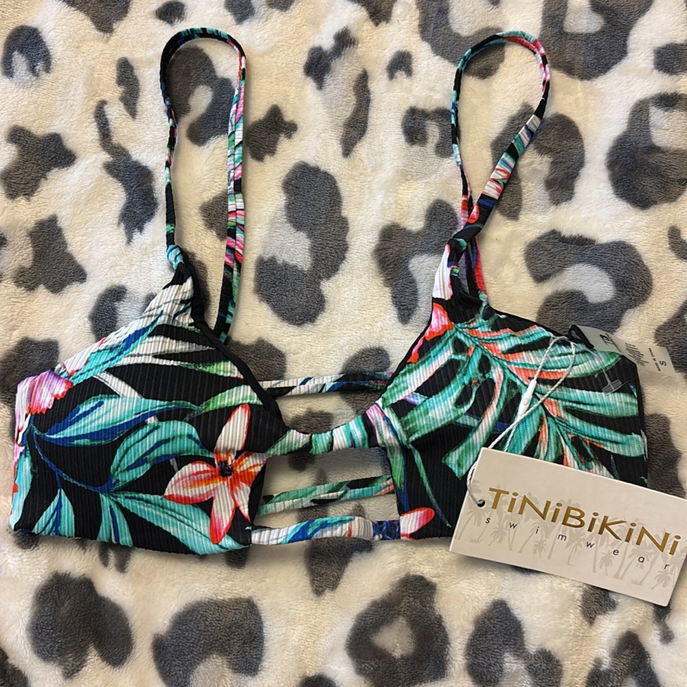 NWT TiniBikini Tropical Black Floral Bathing Suit Top SMALL